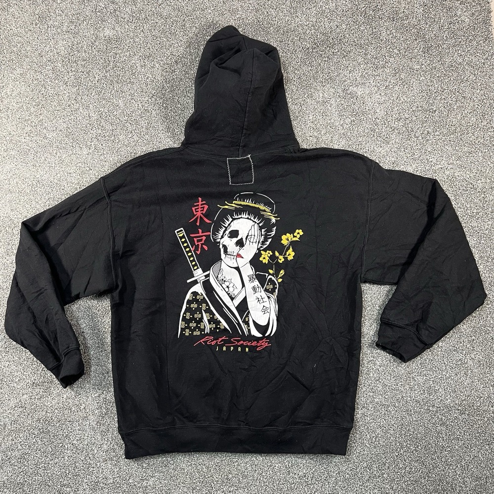 Riot Society Men's Large Tokyo Geisha Skull Samurai Black Graphic Hoodie